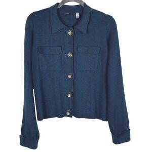 Tahari Women's Crop Knit Cardigan Sweater Sz M Teal Classic Preppy Office Button